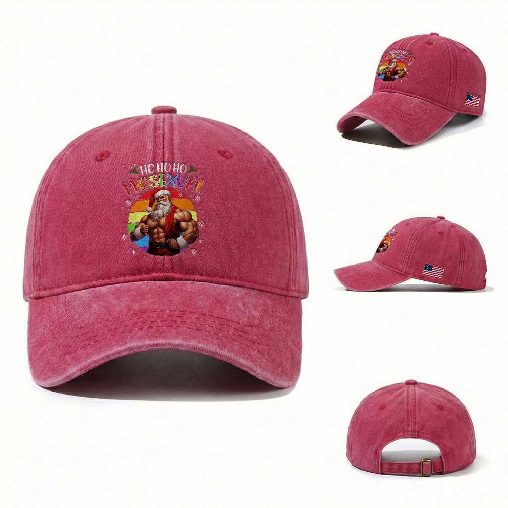 Funny Christmas LGBT Washed Cotton Baseball Cap Ho Ho Ho Mosexual Rainbow Santa TS11 Washed Cap Universal Fit Red Print Your Wear