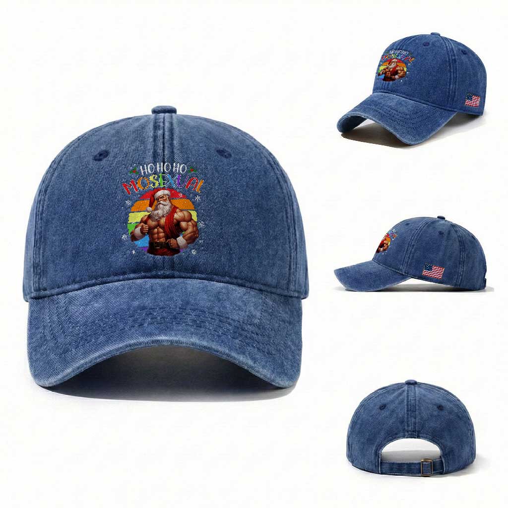 Funny Christmas LGBT Washed Cotton Baseball Cap Ho Ho Ho Mosexual Rainbow Santa TS11 Washed Cap Universal Fit Royal Blue Print Your Wear