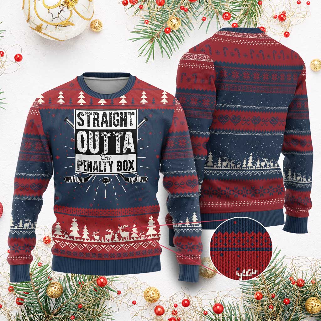 Funny Ice Hockey Ugly Christmas Sweater Straight Outta The Penalty Box Vintage Ice Hockey Sticks TS11 Burgundy Print Your Wear