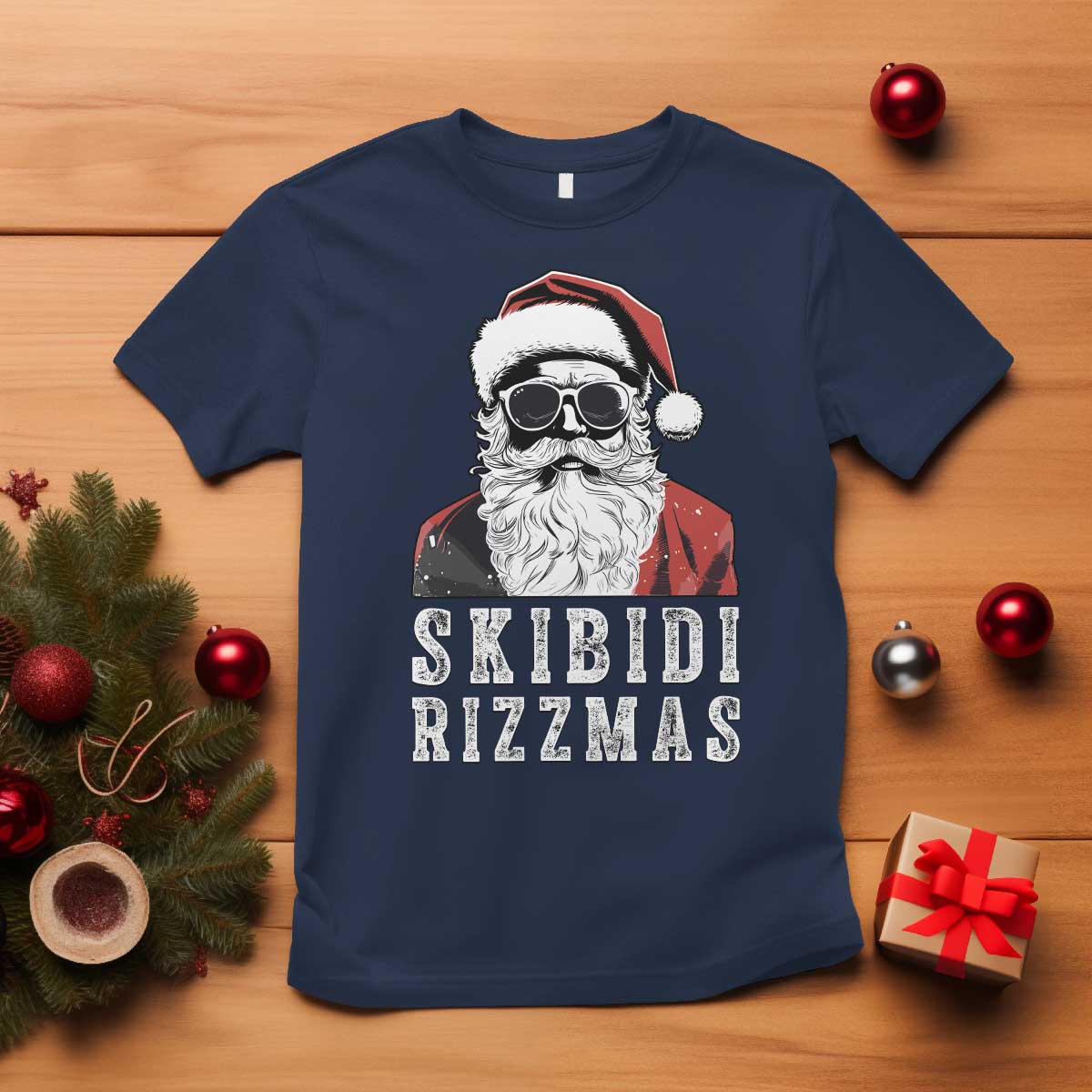 Funny Christmas Santa T Shirt Skibidi Rizzmas Cool Charisma Rizz Santa Claus TS11 Navy Print Your Wear