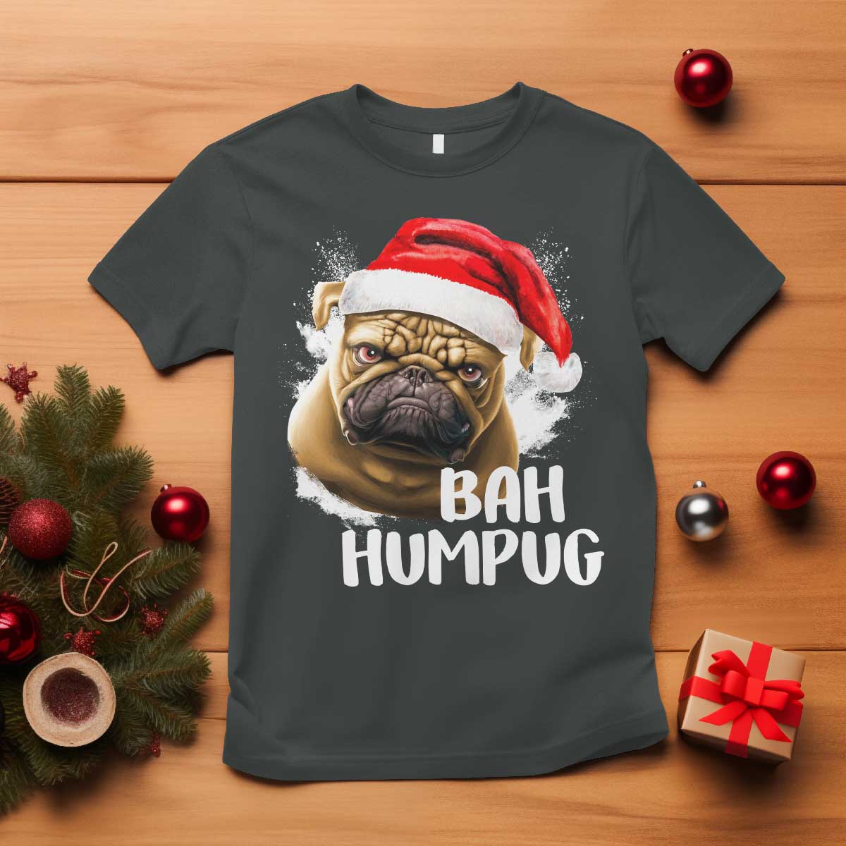 Funny Christmas Pug Dog T Shirt Bah Humpug Humbug Cute Pet TS11 Dark Heather Print Your Wear