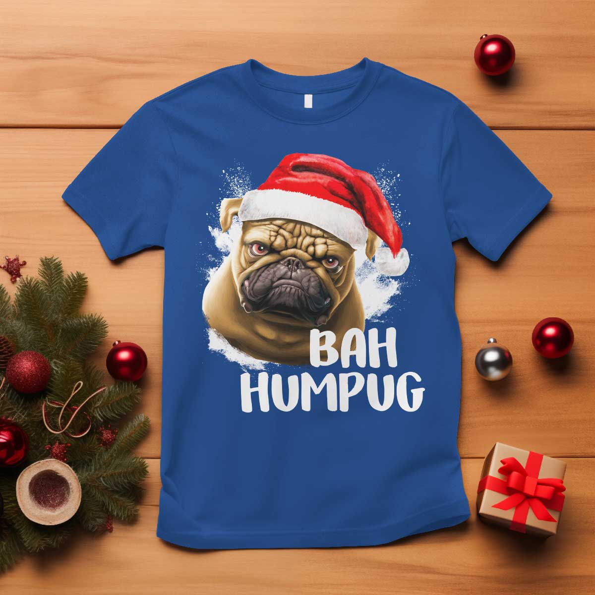 Funny Christmas Pug Dog T Shirt Bah Humpug Humbug Cute Pet TS11 Royal Blue Print Your Wear