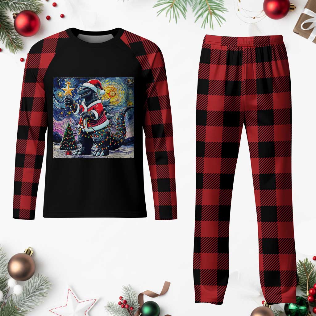 Funny Xmas Santa Godzilla Japanese Monster Starry Night Plaid Pajama Set TS11 Buffalo Plaid Print Your Wear