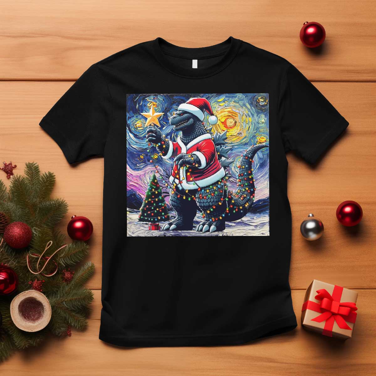 Funny Christmas Santa Godzilla Japanese Monster Starry Night T Shirt TS11 Black Print Your Wear