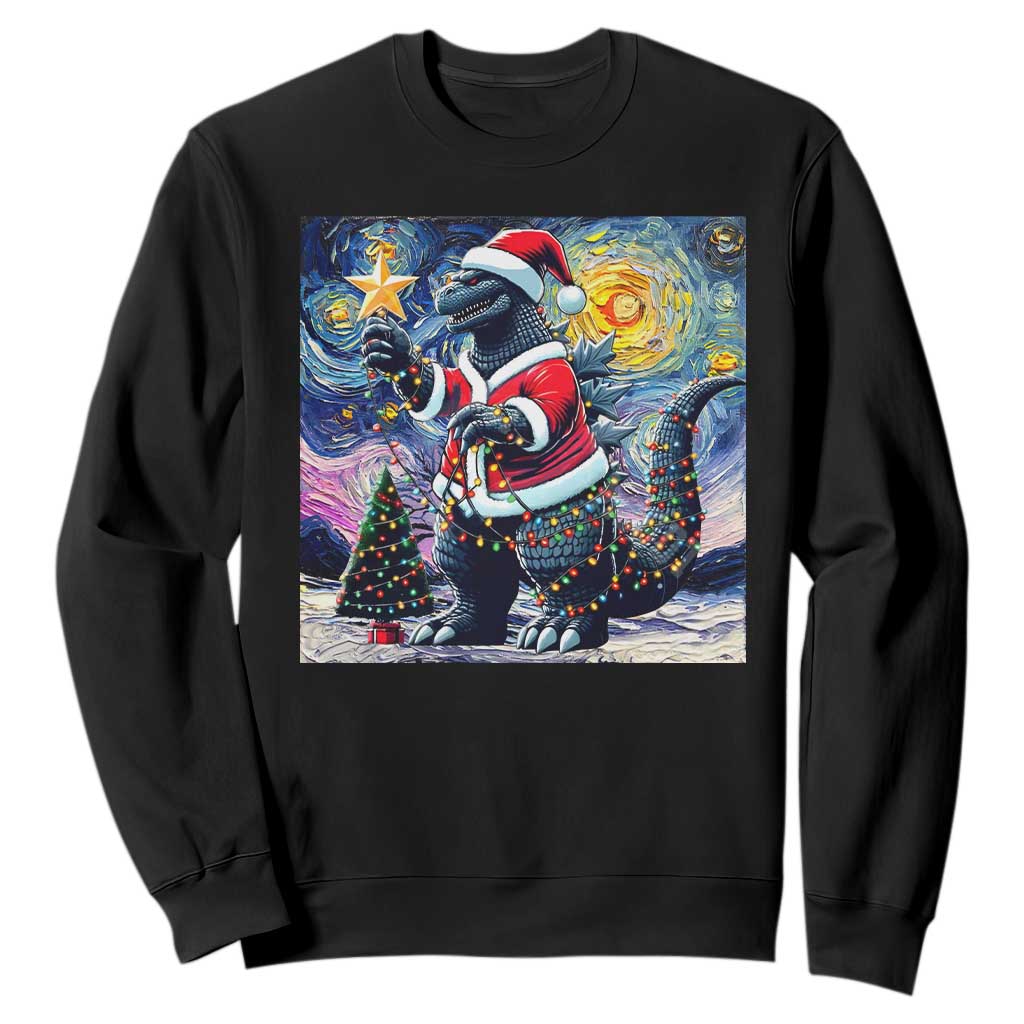 Funny Christmas Santa Godzilla Japanese Monster Starry Night Sweatshirt TS11 Black Print Your Wear