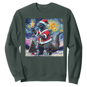 Funny Christmas Santa Godzilla Japanese Monster Starry Night Sweatshirt TS11 Dark Forest Green Print Your Wear