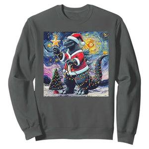 Funny Christmas Santa Godzilla Japanese Monster Starry Night Sweatshirt TS11 Dark Heather Print Your Wear
