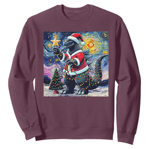 Funny Christmas Santa Godzilla Japanese Monster Starry Night Sweatshirt TS11 Maroon Print Your Wear
