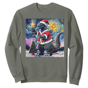 Funny Christmas Santa Godzilla Japanese Monster Starry Night Sweatshirt TS11 Military Green Print Your Wear