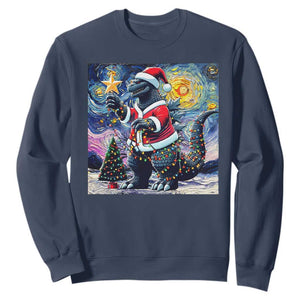Funny Christmas Santa Godzilla Japanese Monster Starry Night Sweatshirt TS11 Navy Print Your Wear