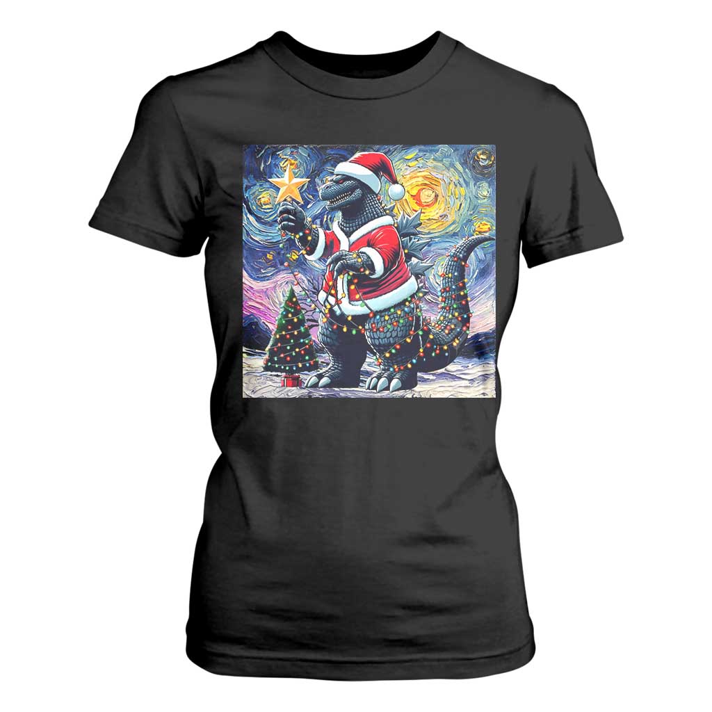 Funny Christmas Santa Godzilla Japanese Monster Starry Night T Shirt For Women TS11 Black Print Your Wear