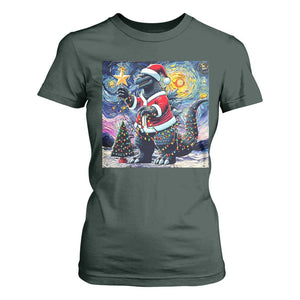 Funny Christmas Santa Godzilla Japanese Monster Starry Night T Shirt For Women TS11 Dark Forest Green Print Your Wear