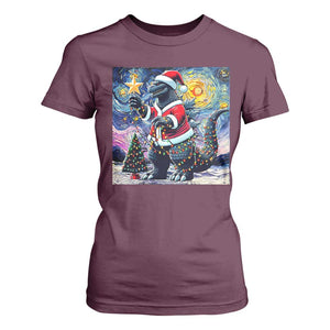 Funny Christmas Santa Godzilla Japanese Monster Starry Night T Shirt For Women TS11 Maroon Print Your Wear