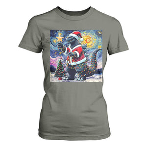 Funny Christmas Santa Godzilla Japanese Monster Starry Night T Shirt For Women TS11 Military Green Print Your Wear