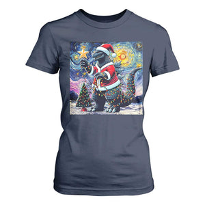 Funny Christmas Santa Godzilla Japanese Monster Starry Night T Shirt For Women TS11 Navy Print Your Wear