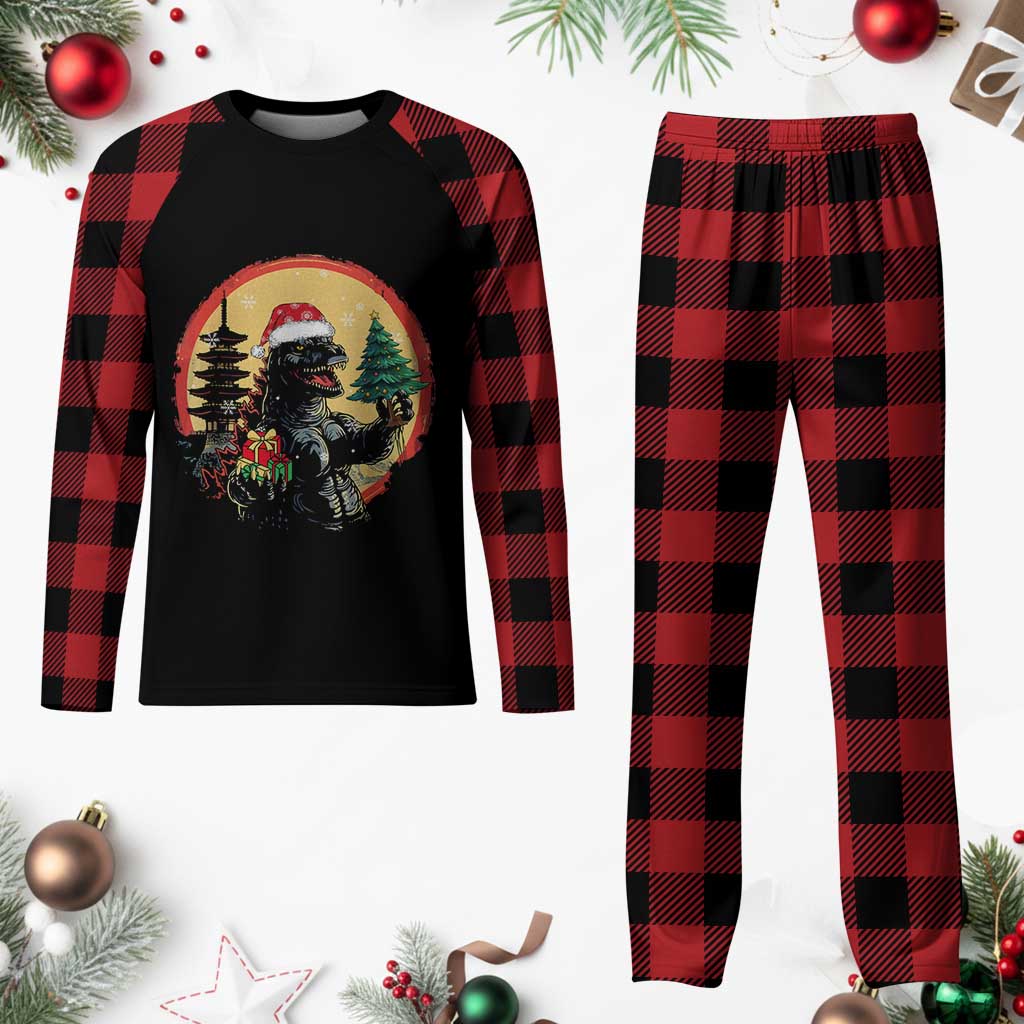 Funny Xmas Santa Godzilla Japanese Monster Plaid Pajama Set TS11 Buffalo Plaid Print Your Wear