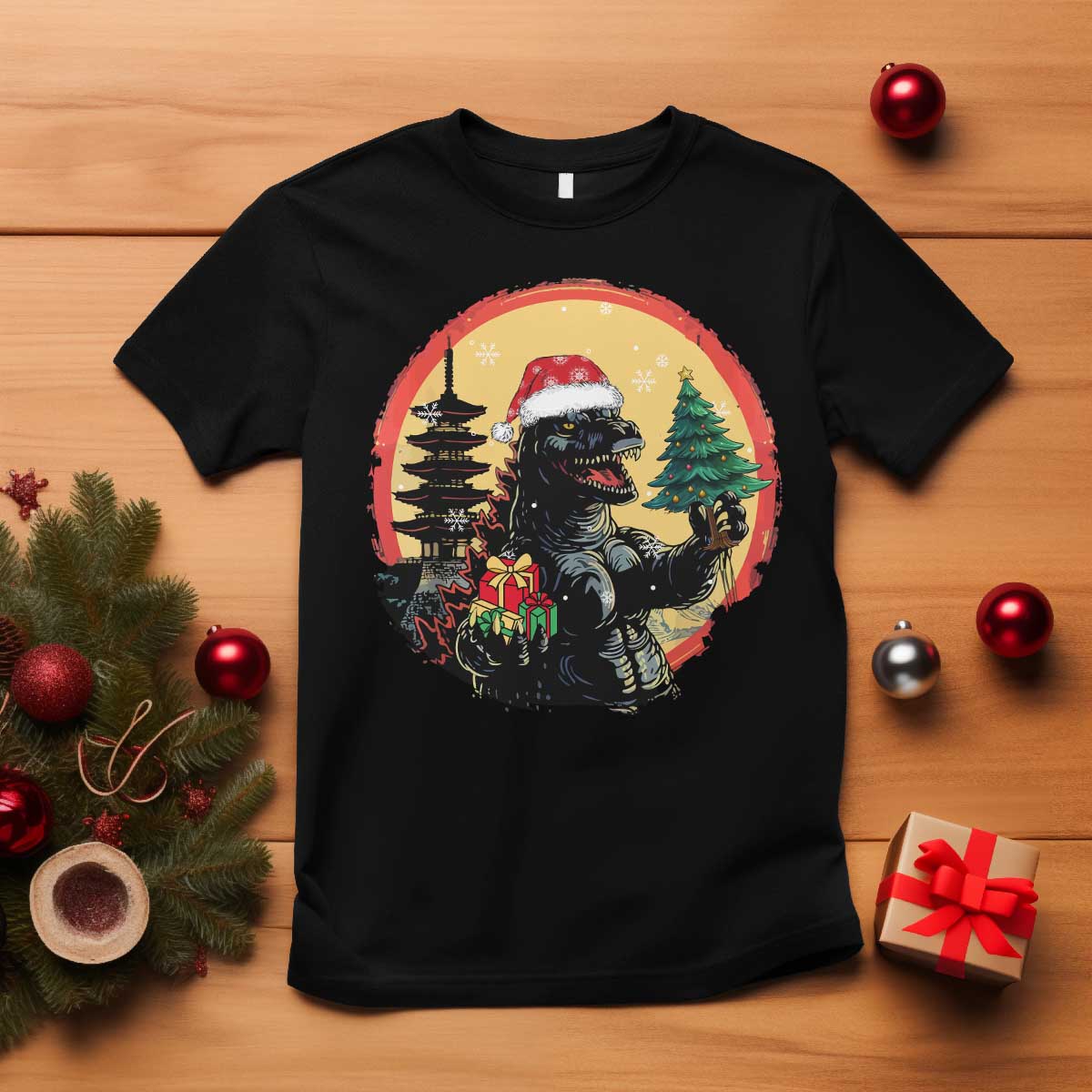 Funny Christmas Santa Godzilla Japanese Monster T Shirt TS11 Black Print Your Wear