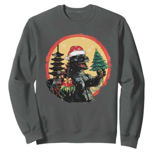Funny Christmas Santa Godzilla Japanese Monster Sweatshirt TS11 Dark Heather Print Your Wear