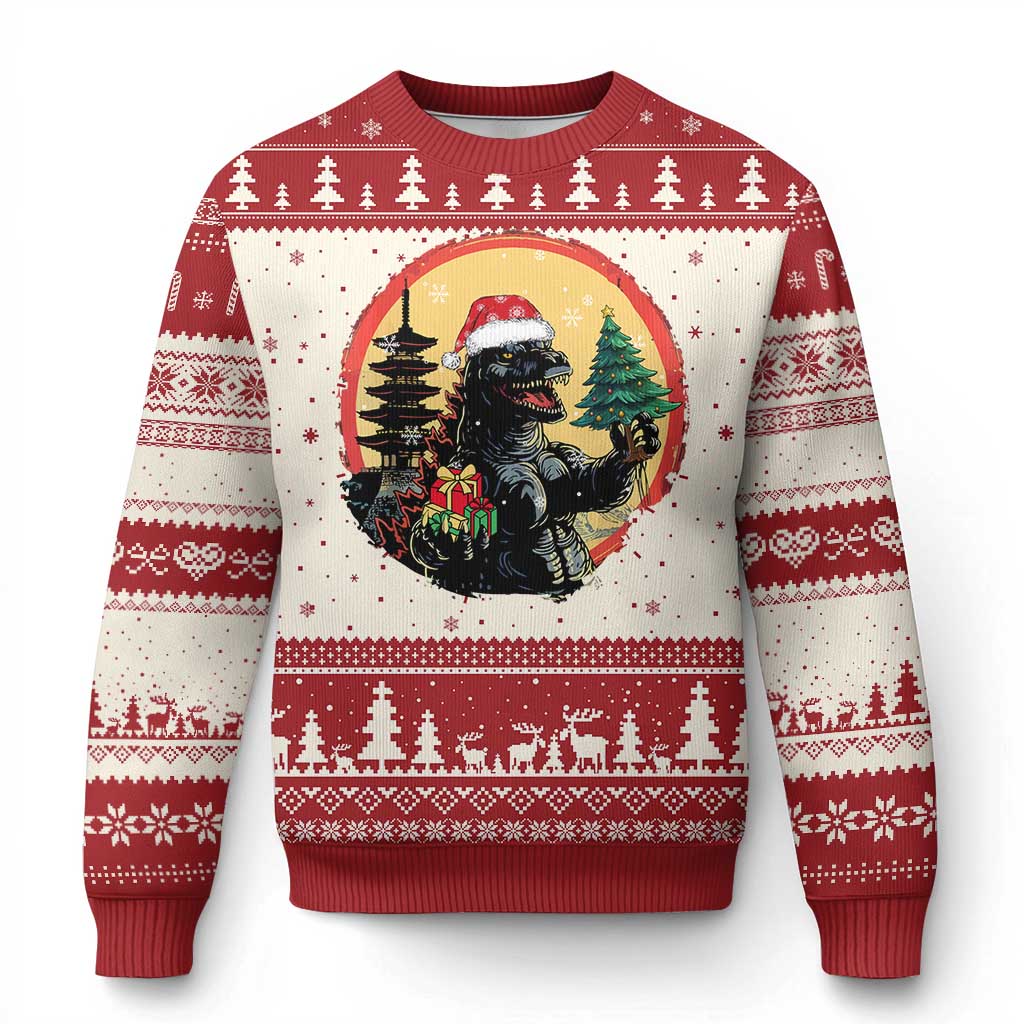 Funny Xmas Santa Godzilla Japanese Monster Ugly Christmas Sweater TS11 Red Print Your Wear