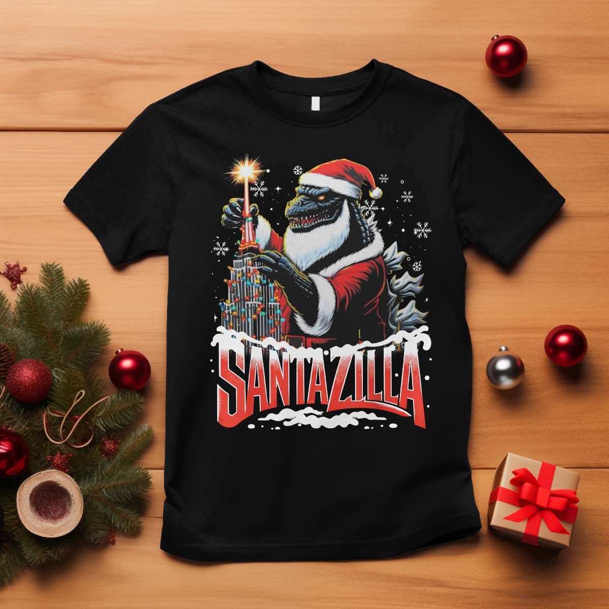 Funny Christmas Santa Godzilla T Shirt Santazilla Tower Xmas Tree TS11 Black Print Your Wear