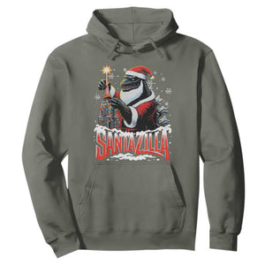 Funny Christmas Santa Godzilla Hoodie Santazilla Tower Xmas Tree TS11 Military Green Print Your Wear