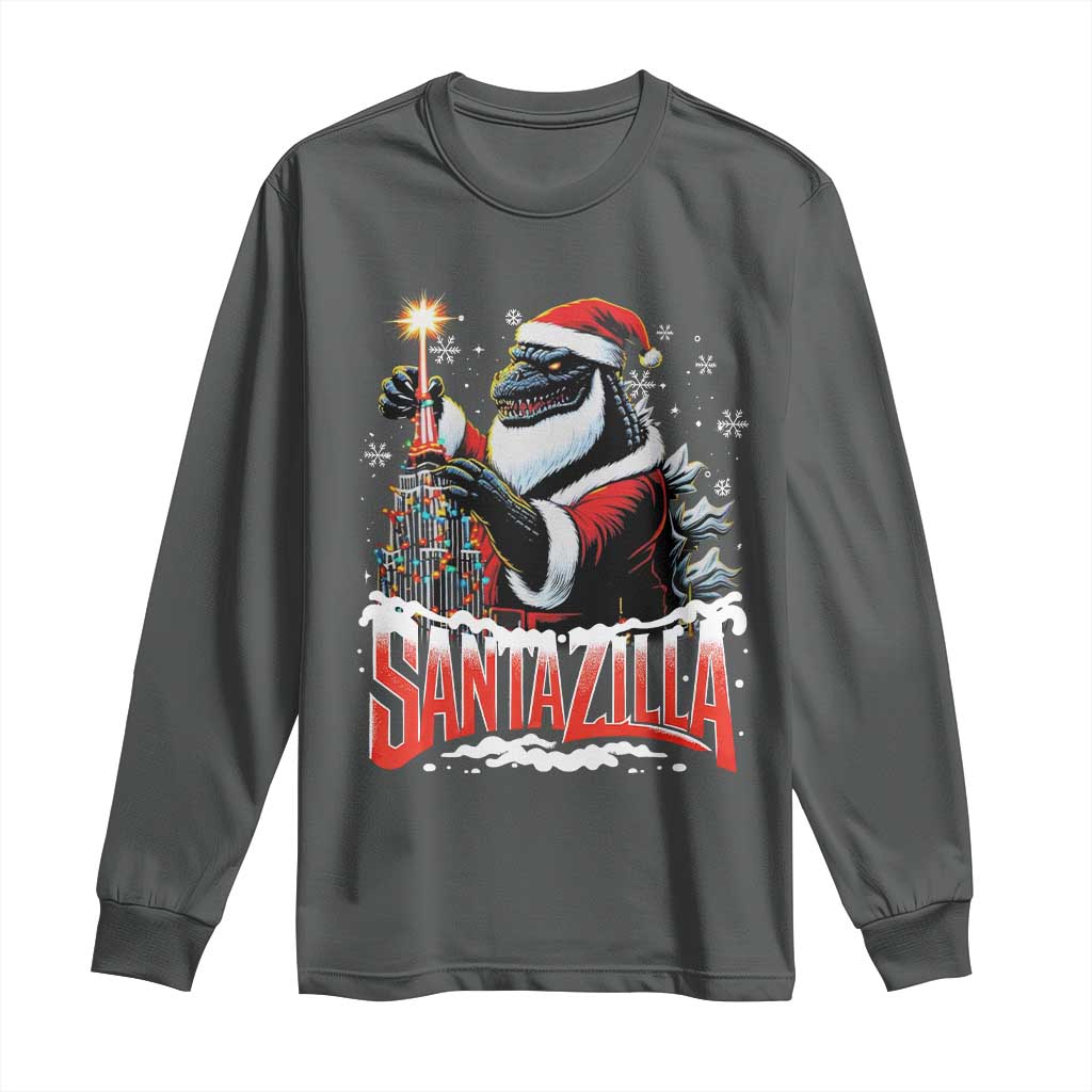 Funny Christmas Santa Godzilla Long Sleeve Shirt Santazilla Tower Xmas Tree TS11 Dark Heather Print Your Wear
