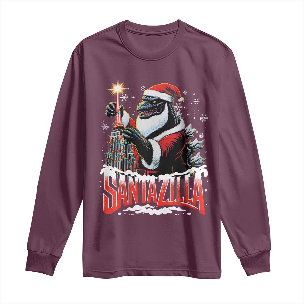 Funny Christmas Santa Godzilla Long Sleeve Shirt Santazilla Tower Xmas Tree TS11 Maroon Print Your Wear