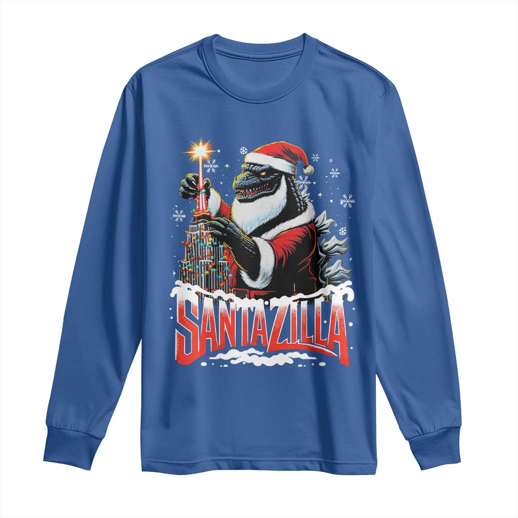 Funny Christmas Santa Godzilla Long Sleeve Shirt Santazilla Tower Xmas Tree TS11 Royal Blue Print Your Wear