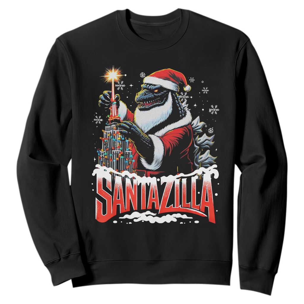 Funny Christmas Santa Godzilla Sweatshirt Santazilla Tower Xmas Tree TS11 Black Print Your Wear