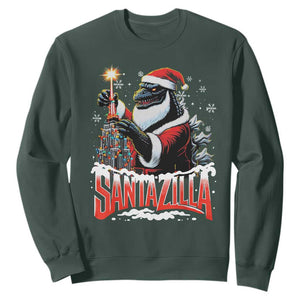 Funny Christmas Santa Godzilla Sweatshirt Santazilla Tower Xmas Tree TS11 Dark Forest Green Print Your Wear