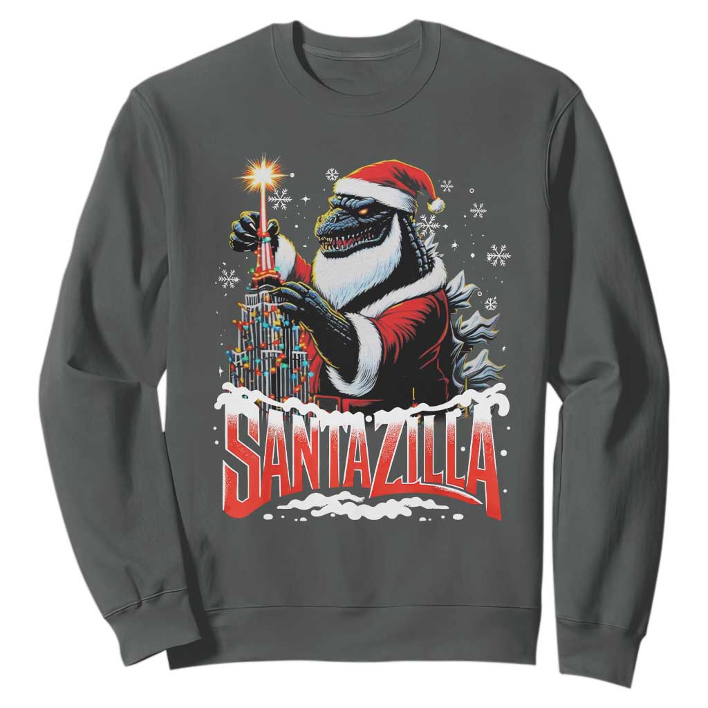 Funny Christmas Santa Godzilla Sweatshirt Santazilla Tower Xmas Tree TS11 Dark Heather Print Your Wear