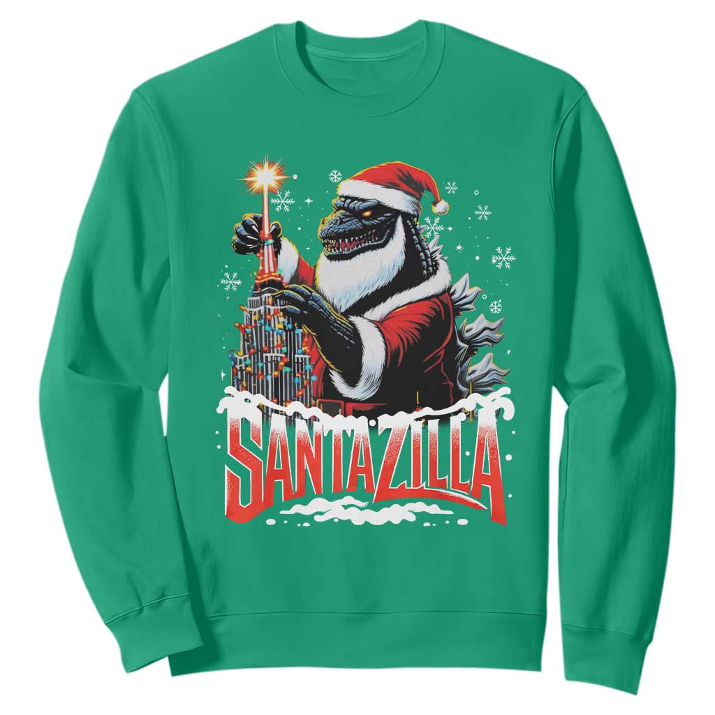 Funny Christmas Santa Godzilla Sweatshirt Santazilla Tower Xmas Tree TS11 Irish Green Print Your Wear