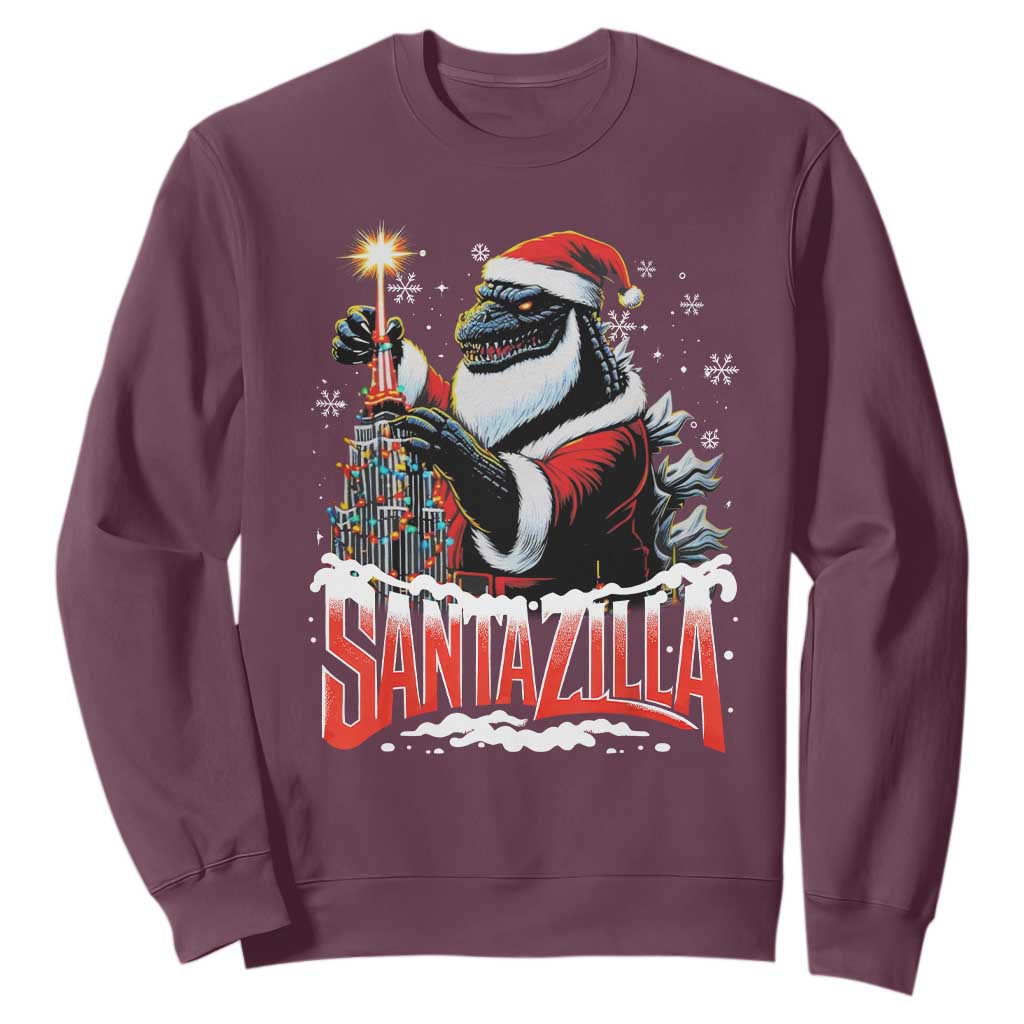 Funny Christmas Santa Godzilla Sweatshirt Santazilla Tower Xmas Tree TS11 Maroon Print Your Wear