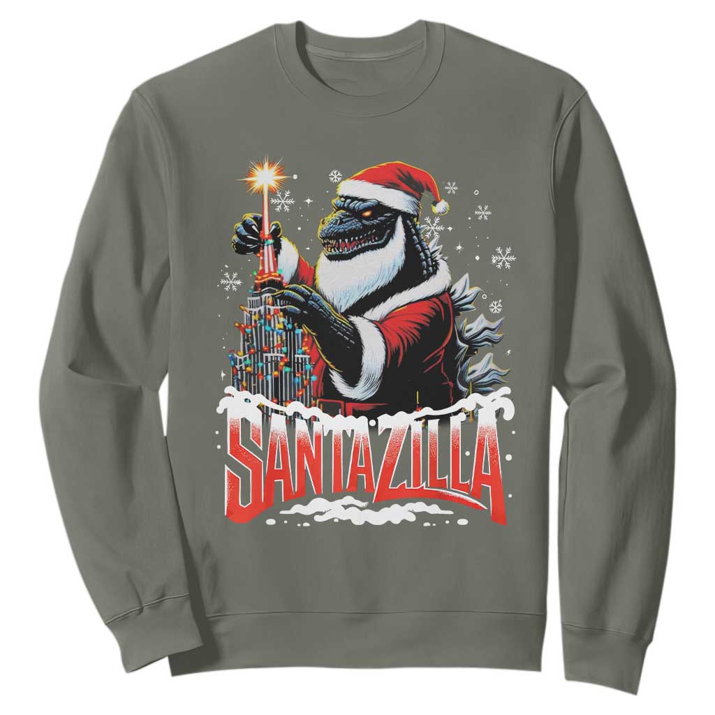 Funny Christmas Santa Godzilla Sweatshirt Santazilla Tower Xmas Tree TS11 Military Green Print Your Wear