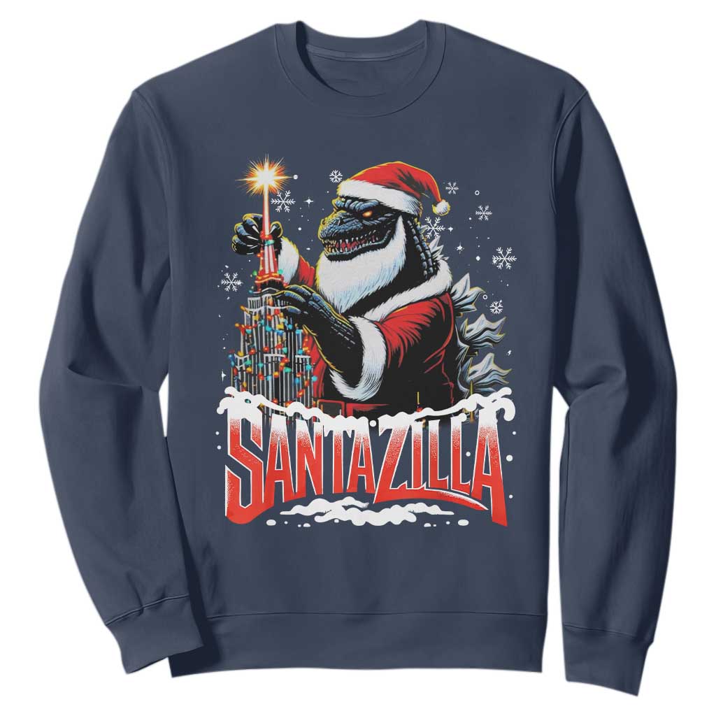 Funny Christmas Santa Godzilla Sweatshirt Santazilla Tower Xmas Tree TS11 Navy Print Your Wear