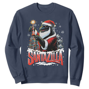 Funny Christmas Santa Godzilla Sweatshirt Santazilla Tower Xmas Tree TS11 Navy Print Your Wear