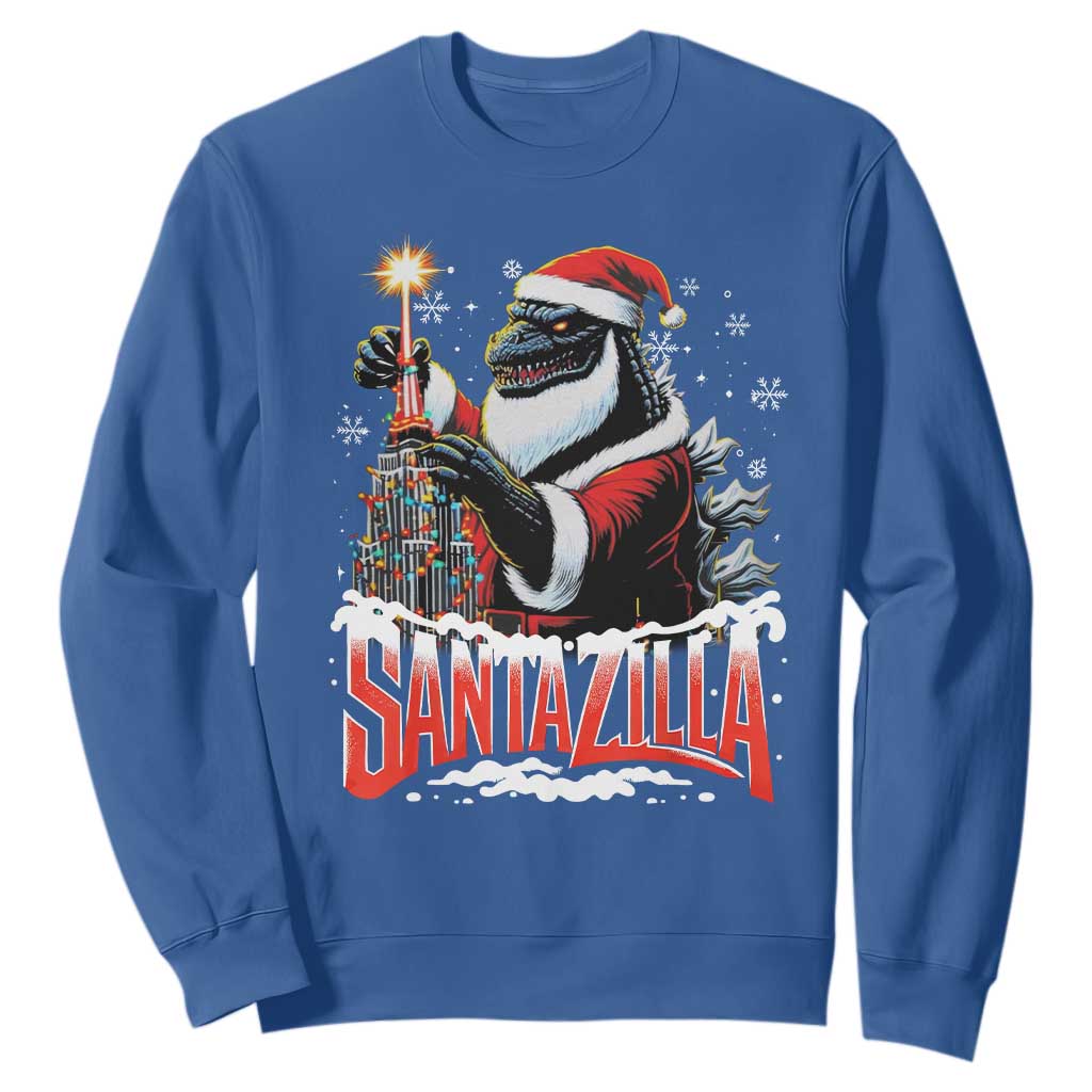Funny Christmas Santa Godzilla Sweatshirt Santazilla Tower Xmas Tree TS11 Royal Blue Print Your Wear