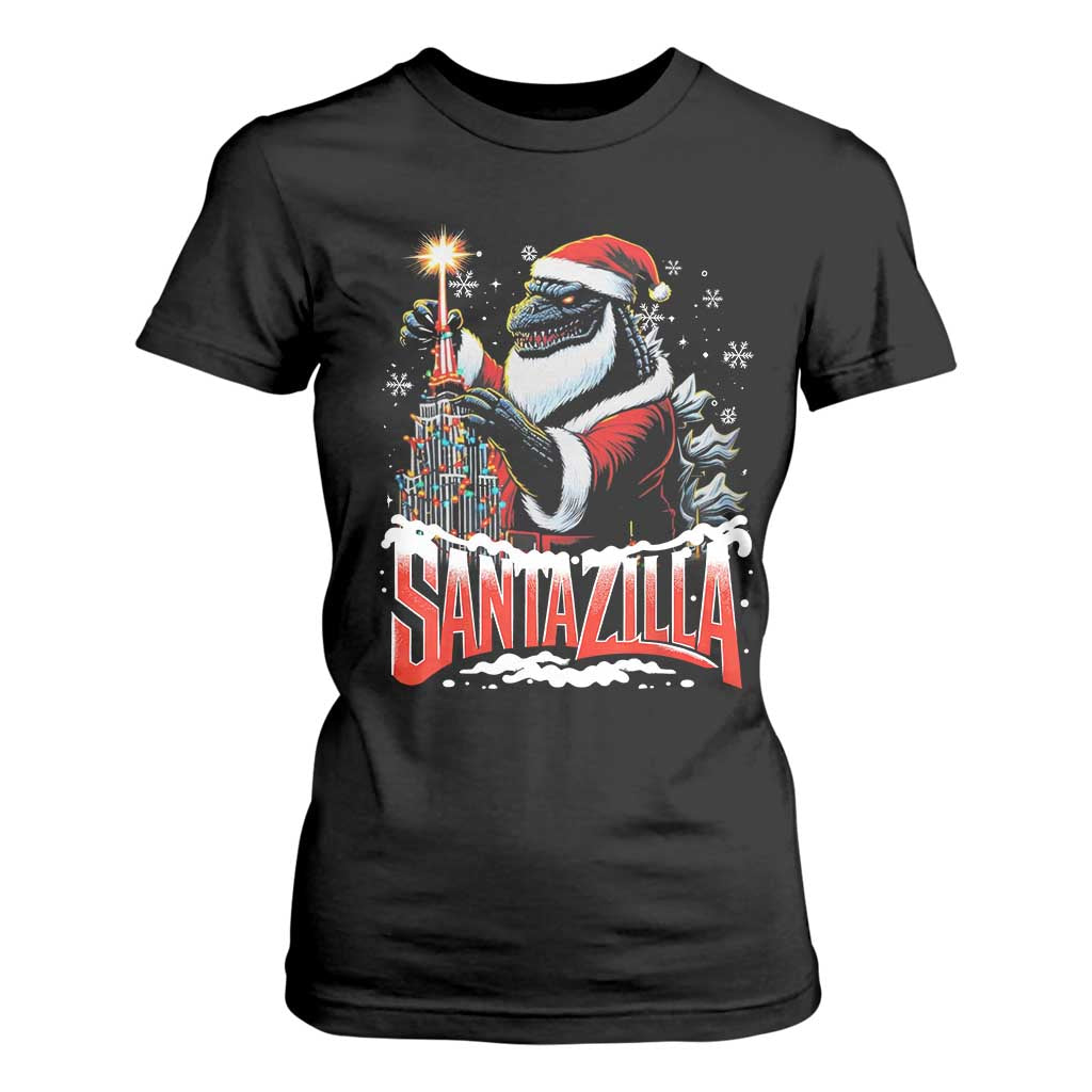 Funny Christmas Santa Godzilla T Shirt For Women Santazilla Tower Xmas Tree TS11 Black Print Your Wear
