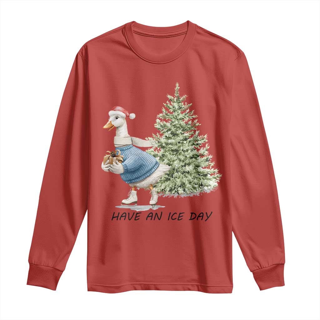 Funny Christmas Ice Skating Long Sleeve Shirt Have An Ice Day Goose Xmas Tree TS11 Red Print Your Wear