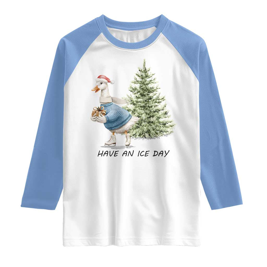 Funny Christmas Ice Skating Raglan Shirt Have An Ice Day Goose Xmas Tree TS11 White Carolina Blue Print Your Wear