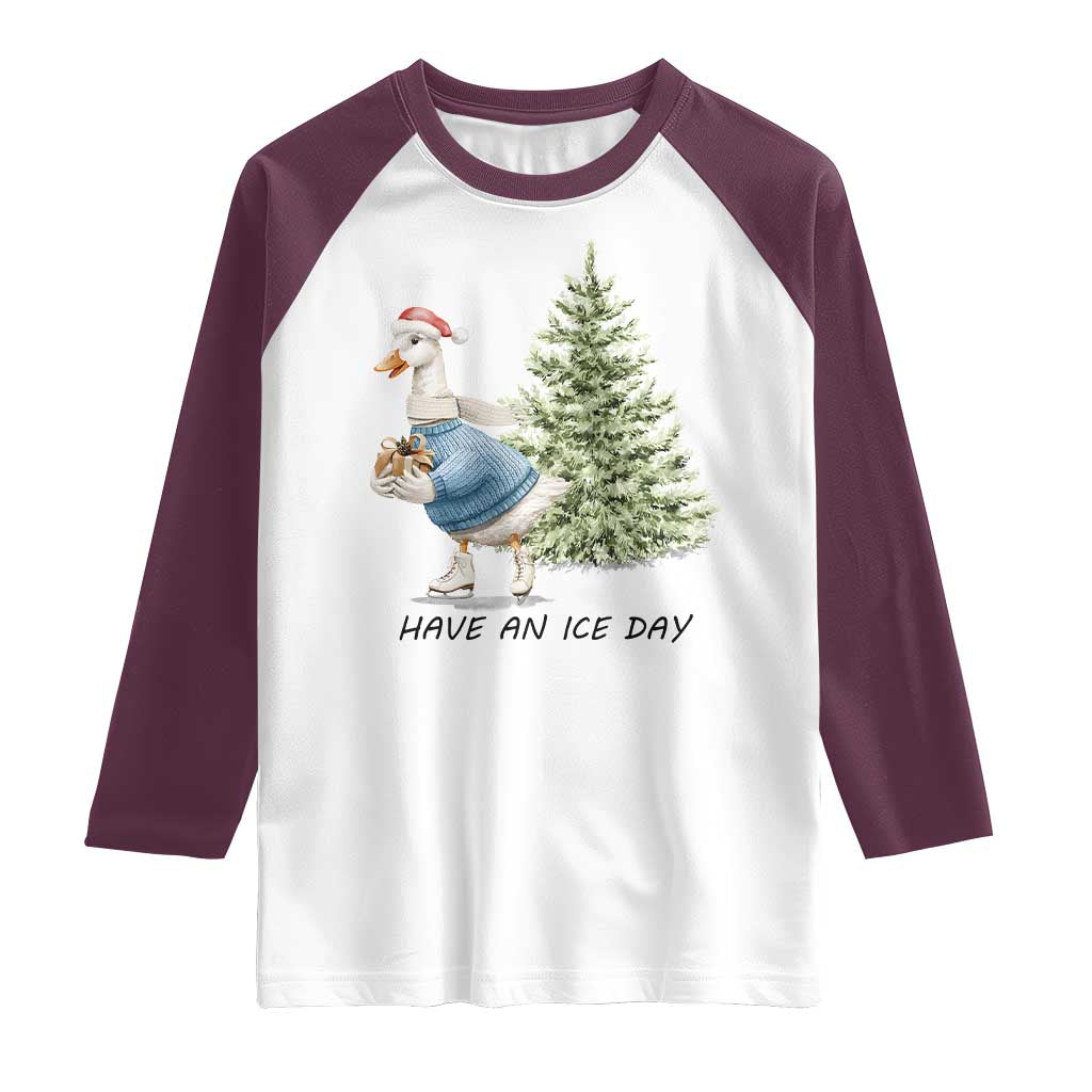 Funny Christmas Ice Skating Raglan Shirt Have An Ice Day Goose Xmas Tree TS11 White Maroon Print Your Wear