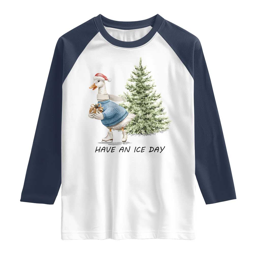 Funny Christmas Ice Skating Raglan Shirt Have An Ice Day Goose Xmas Tree TS11 White Navy Print Your Wear