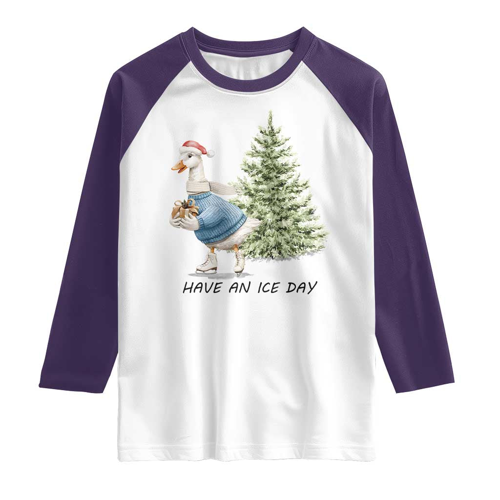 Funny Christmas Ice Skating Raglan Shirt Have An Ice Day Goose Xmas Tree TS11 White Purple Print Your Wear