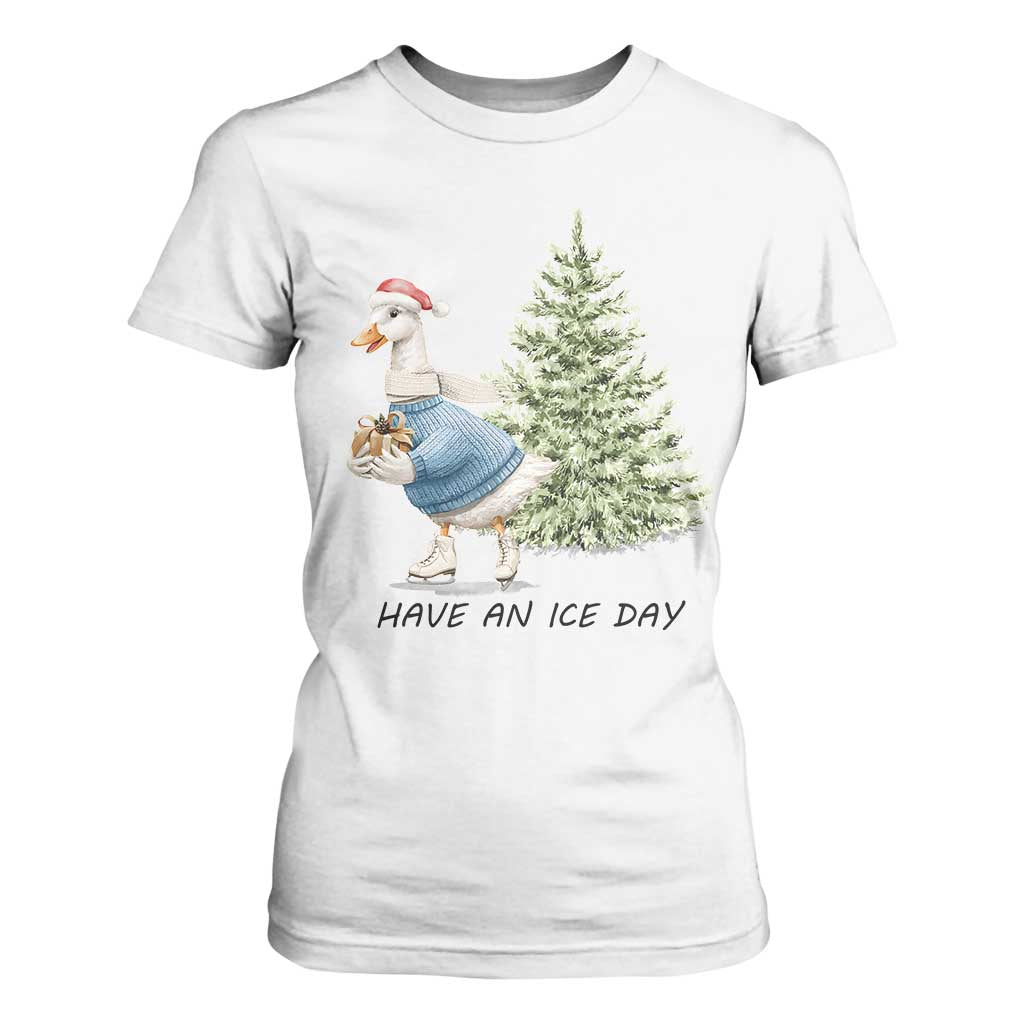 Funny Christmas Ice Skating T Shirt For Women Have An Ice Day Goose Xmas Tree TS11 White Print Your Wear