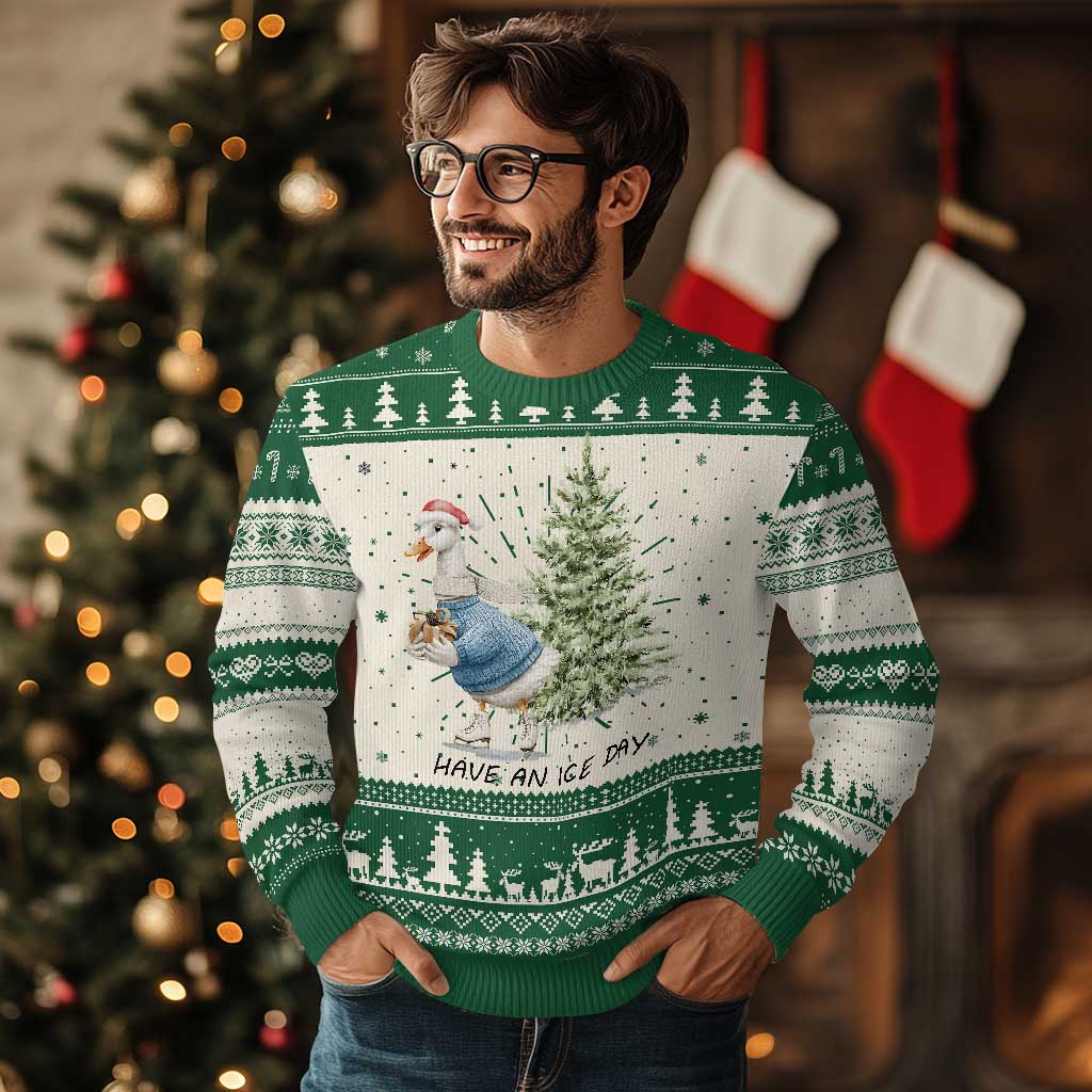 Funny Xmas Ice Skating Ugly Christmas Sweater Have An Ice Day Goose Xmas Tree TS11 Green Print Your Wear