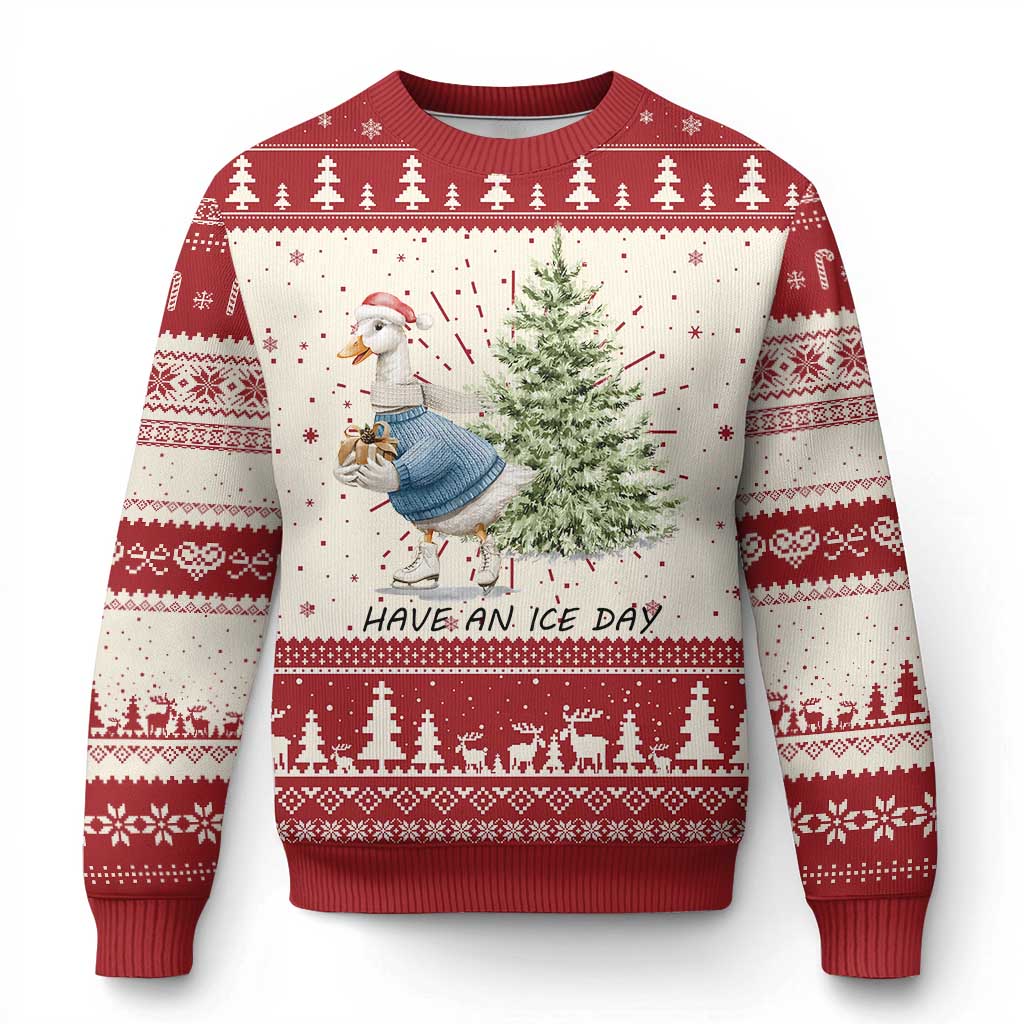 Funny Xmas Ice Skating Ugly Christmas Sweater Have An Ice Day Goose Xmas Tree TS11 Red Print Your Wear
