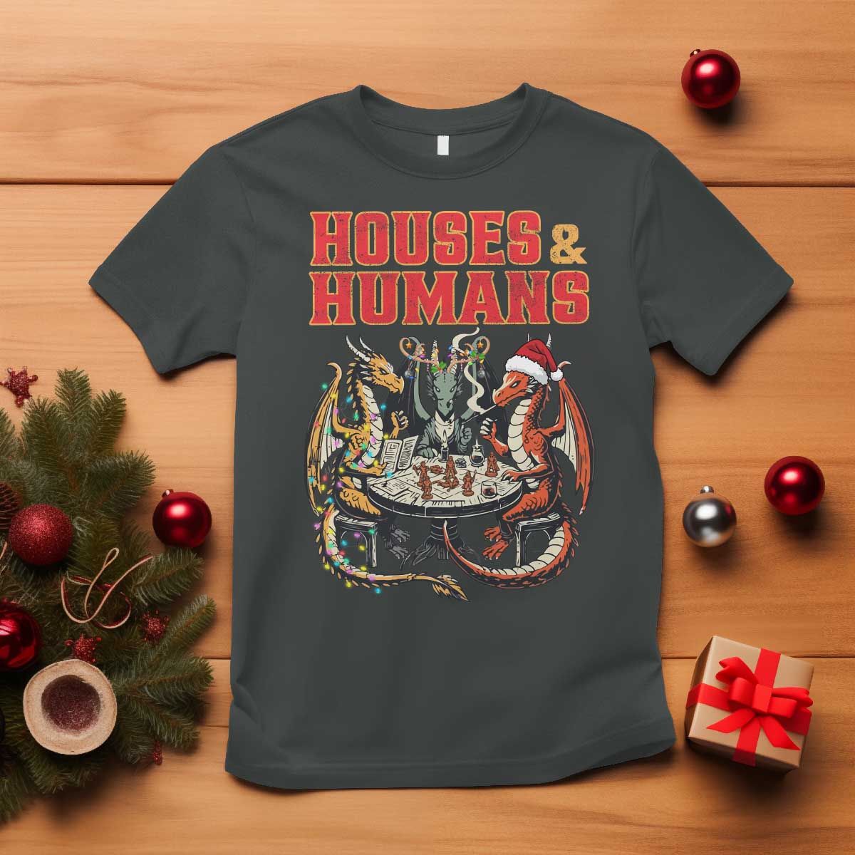 Funny Rpg Christmas Game T Shirt Houses And Humans Tabletop Game Xmas Dragon TS11 Dark Heather Print Your Wear