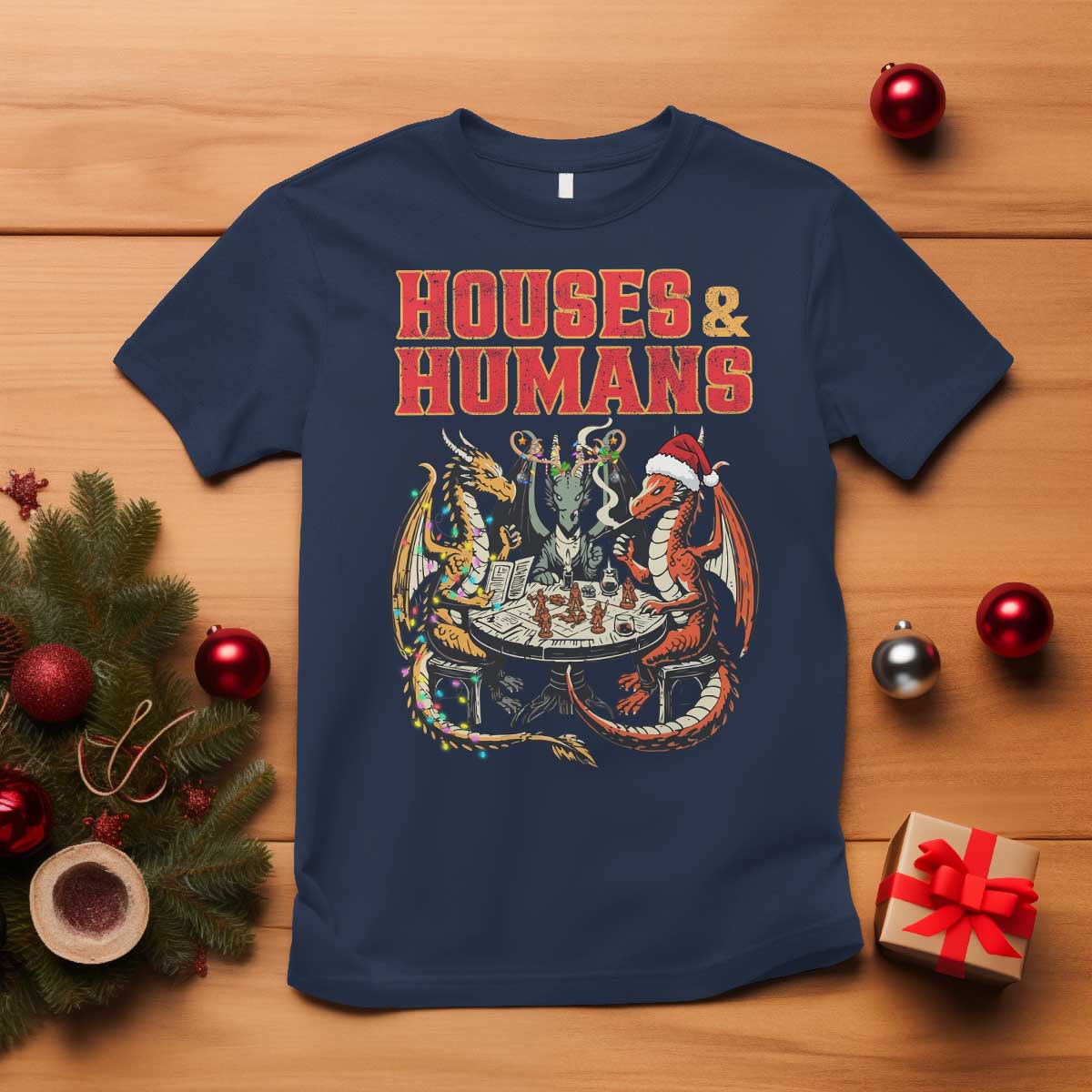 Funny Rpg Christmas Game T Shirt Houses And Humans Tabletop Game Xmas Dragon TS11 Navy Print Your Wear