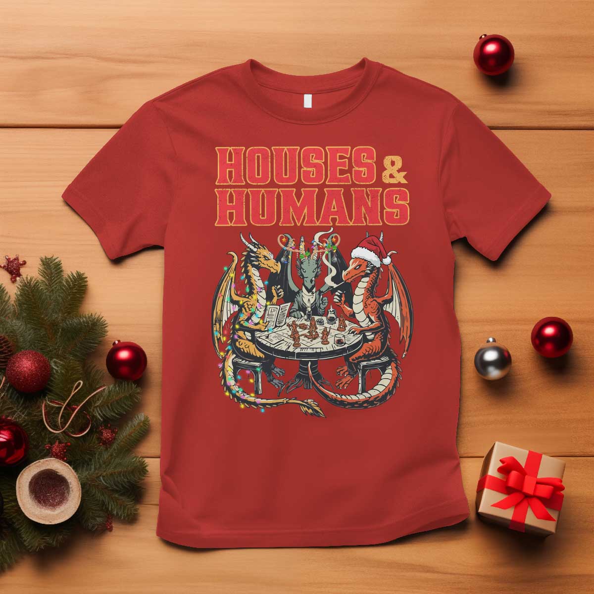 Funny Rpg Christmas Game T Shirt Houses And Humans Tabletop Game Xmas Dragon TS11 Red Print Your Wear