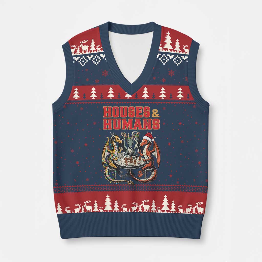 Funny Rpg Xmas Game V-Neck Knit Sweater Vest Houses And Humans Tabletop Game Xmas Dragon TS11 Navy Red Print Your Wear